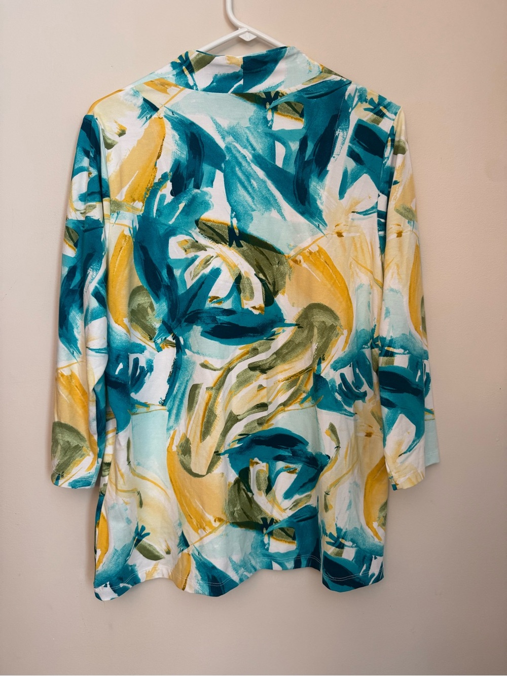 Chico’s Watercolor Abstract Top 3/4 Sleeve Women’s Size 2 US Large Blue Yellow - Picture 2 of 6